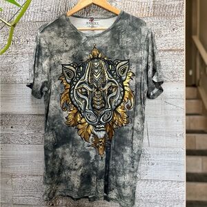 AyGuey! | Acid-Wash "Historia" Tribal Gray/Gold Panther Graphic Tee - Men's XL